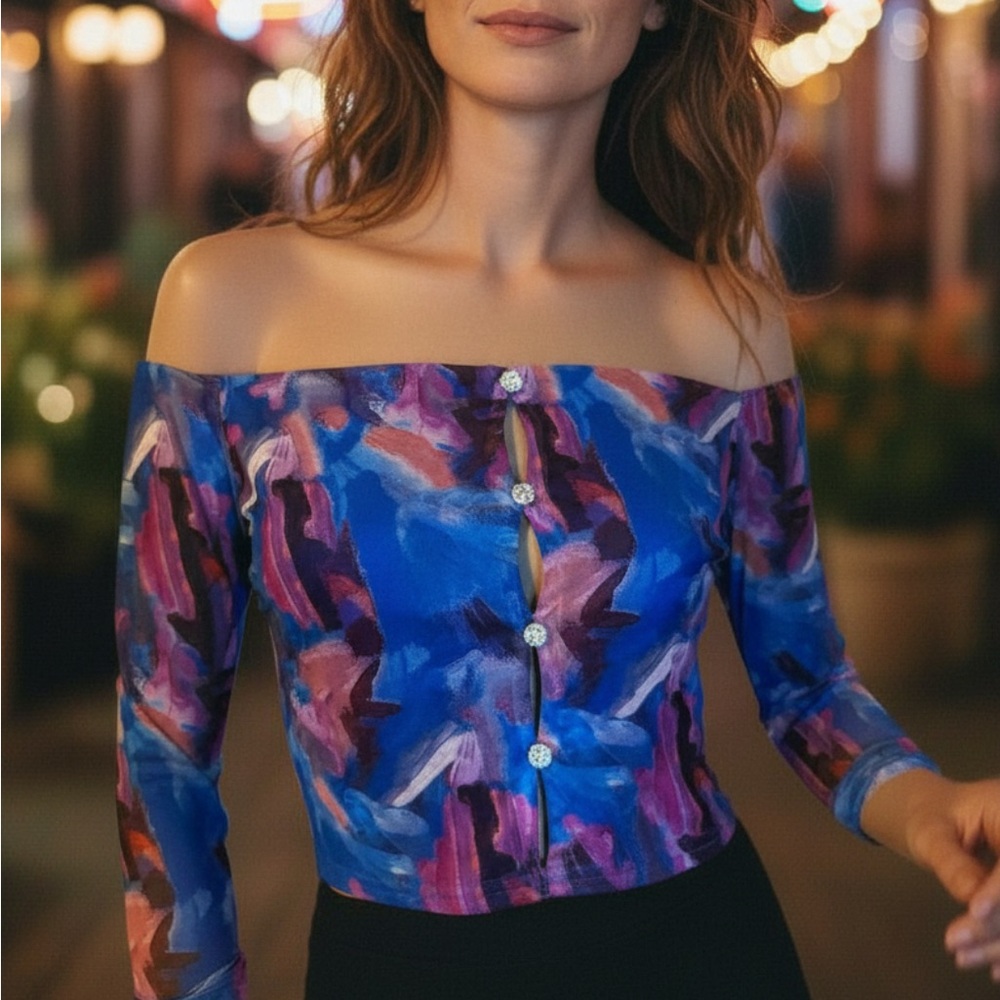 Windsor Off-Shoulder Mesh Rhinestone Button Top – Colorful Abstract Print - Picture 3 of 11